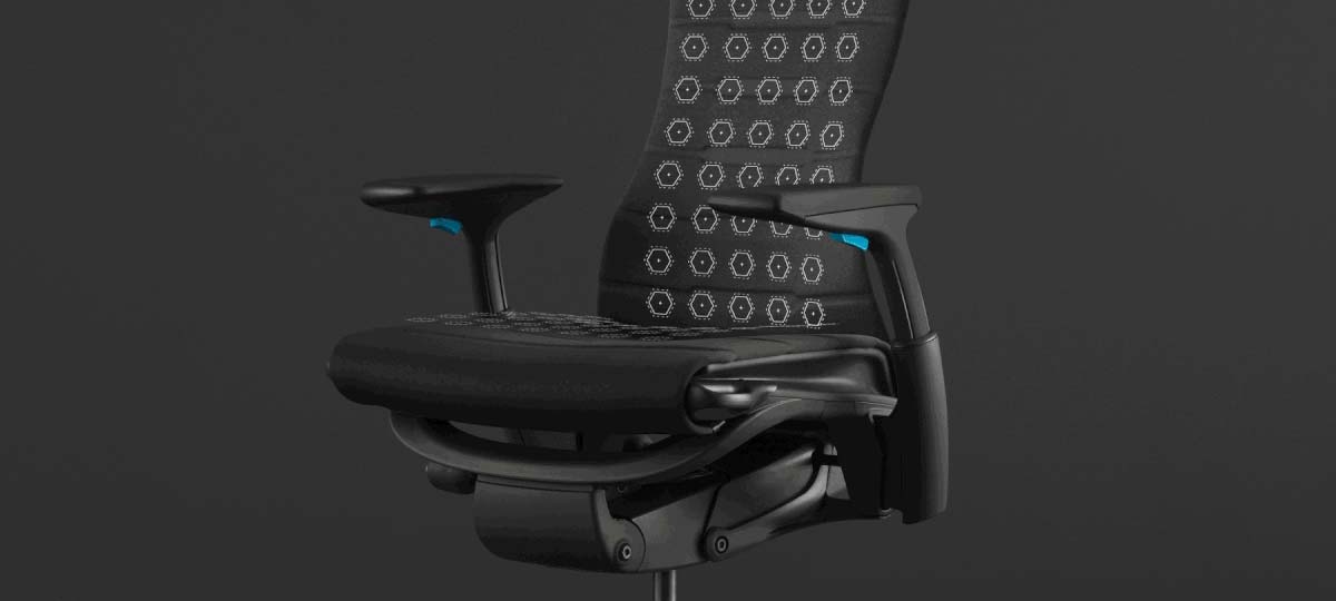 Animation mettant en avant la distribution homogène de la pression du fauteuil de jeu Embody, calquée sur une photo du fauteuil sur fond noir.
