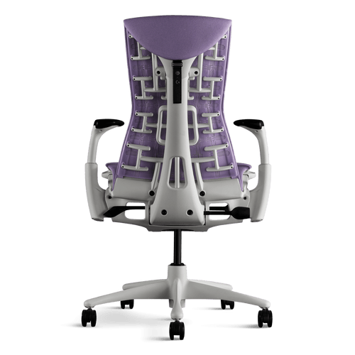 Vue du dos d'un fauteuil de jeu Herman Miller X Logitech Embody violet et blanc en Amethyst