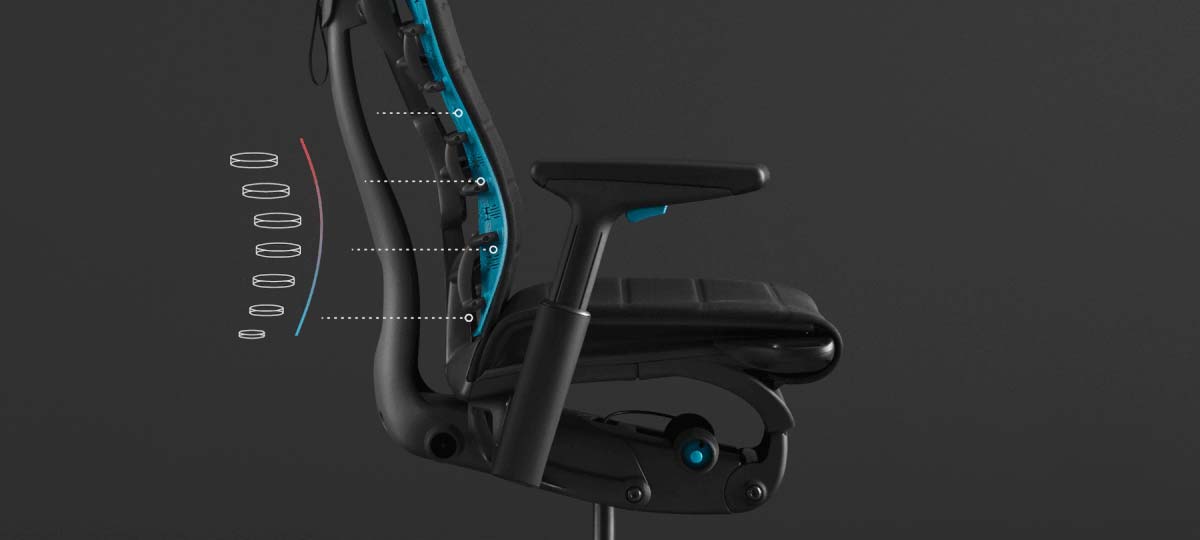Animation mettant en avant le support PostureFit de la colonne vertébrale du fauteuil de jeu Embody ; l’animation est calquée sur une photo du fauteuil sur fond noir.