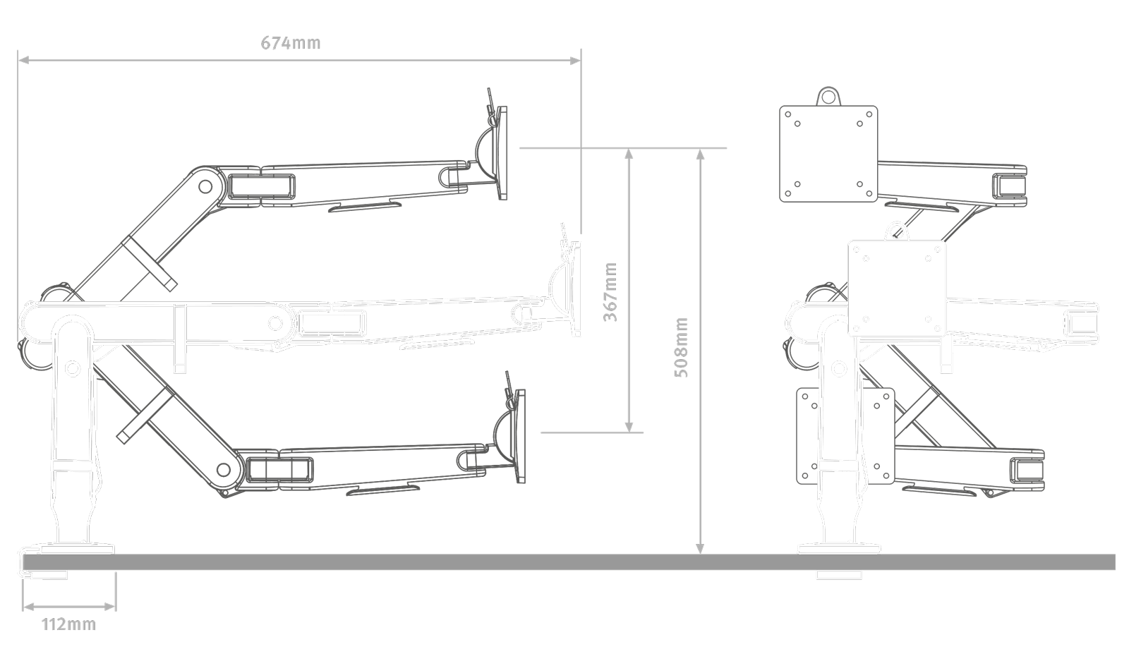 Illustration d'un support d'écran Ollin en blanc sur fond noir, et sur laquelle les spécifications de hauteur sont indiquées.