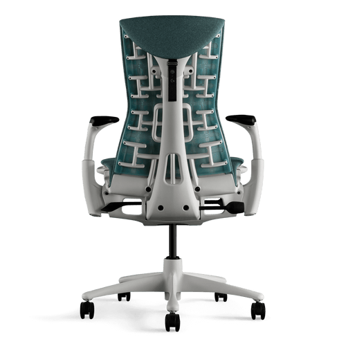 Vue de l'arrière d'un fauteuil de jeu Herman Miller X Logitech Embody bleu-vert et blanc en Galaxy